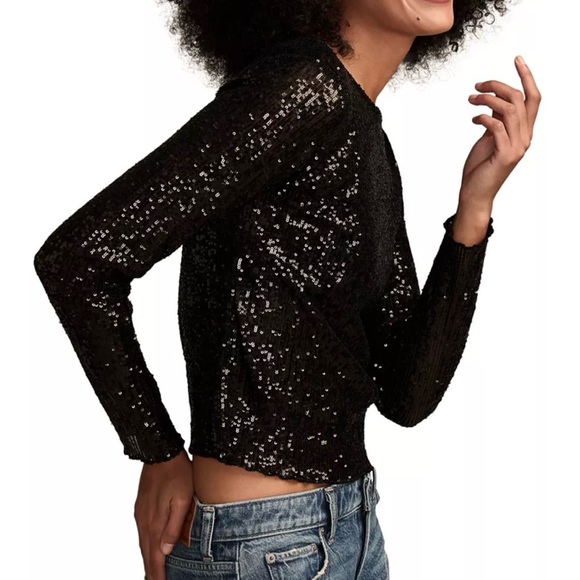 Lucky Brand Black Sequin Sheer Blouse size L EUC - Picture 3 of 11